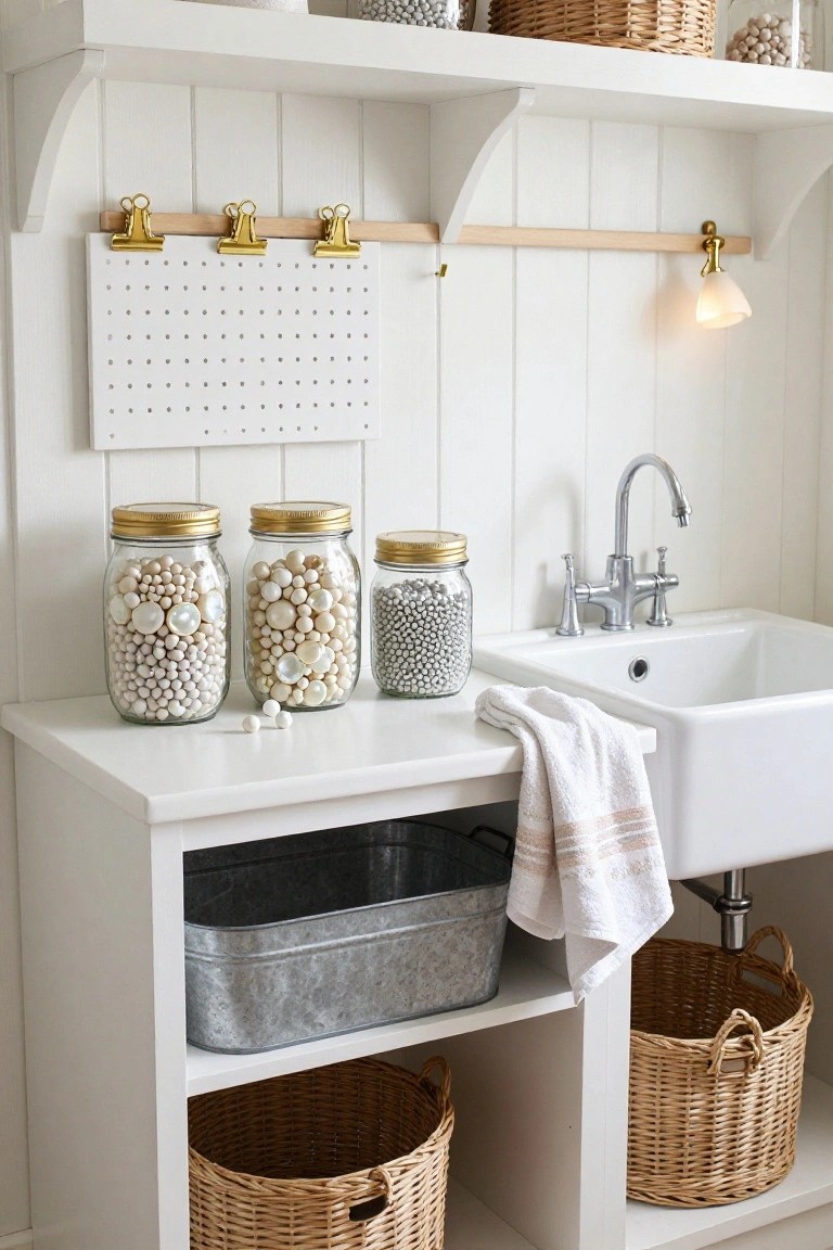 White open shelving unit holding gold-lidded glass jars filled with white, pearl-like and gray beads, positioned next to a white farmhouse sink with a towel draped over the edge and wicker baskets stored below.
