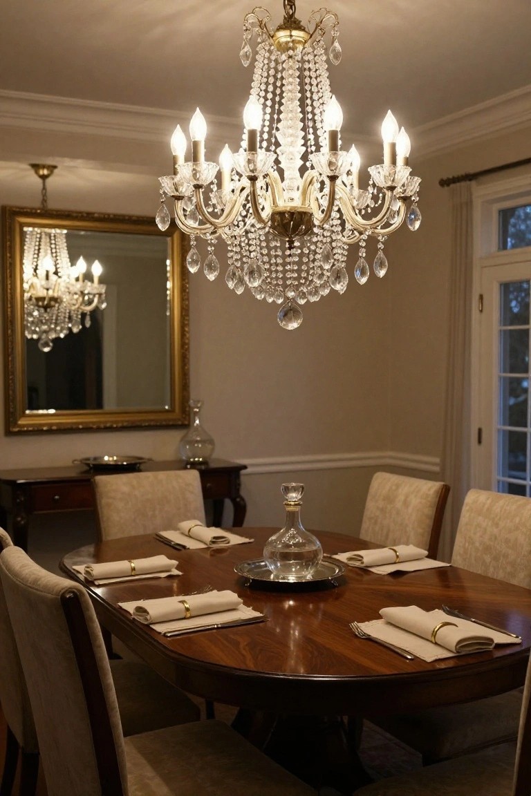 Elegant dining room with a large crystal beaded chandelier hanging over a wooden table set with beige napkins and gold rings, flanked by upholstered chairs, a sideboard, and a gold-framed mirror on the wall.