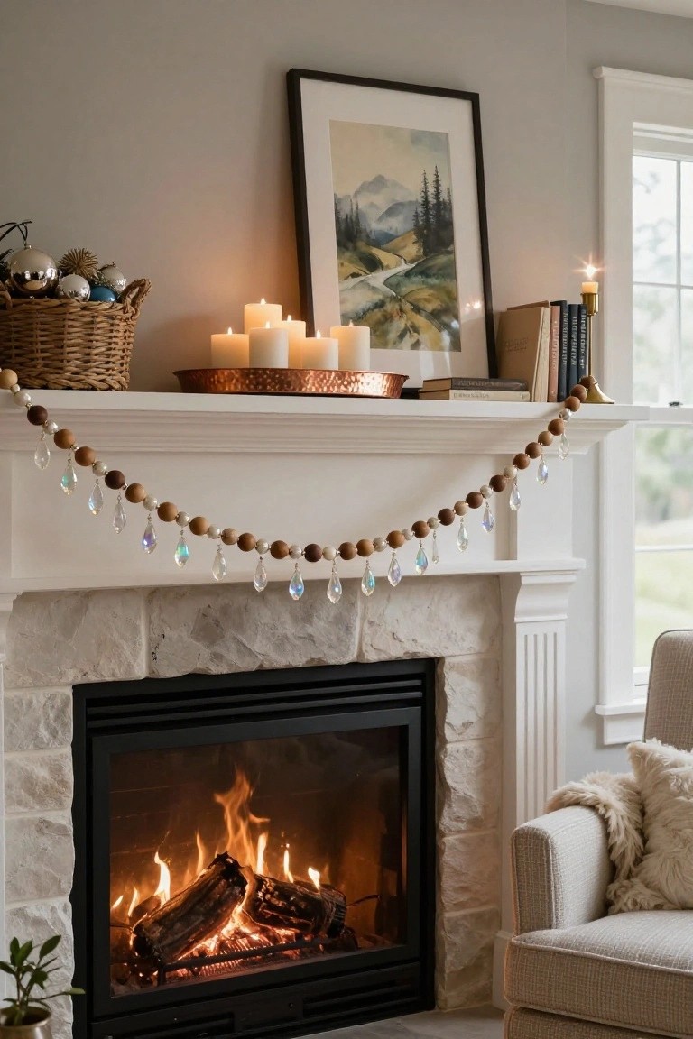 A white fireplace mantel decorated with a garland of wooden beads and crystal drops, candles on a copper tray, books, ornaments in a wicker basket, and a landscape painting above, with a lit fire in the stone hearth and a beige armchair nearby in a light gray room.