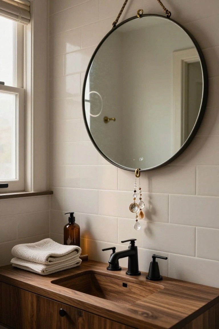 Round black-framed mirror with dangling beaded crystal strands hanging above a wood vanity, undermount sink with black faucets, folded white towels, amber glass bottle, and white subway tile walls in a bathroom.