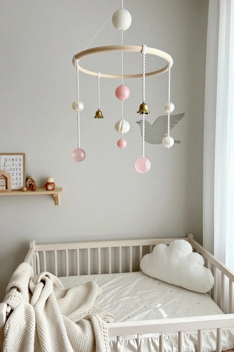 Wooden hoop mobile with white beads, pink and clear glass orbs, brass bell, and metal bird suspended above a white wooden crib in a light gray nursery room with a shelf of wooden toys.