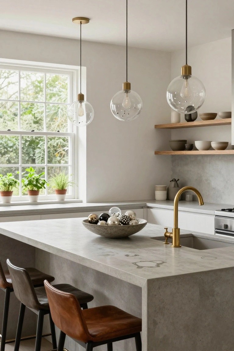 Modern white kitchen with gray veined island holding a gray bowl of assorted shiny metallic and clear glass Christmas ornaments, flanked by tan leather bar stools, gold faucet at sink, wooden shelves with ceramics, and large window with plants.