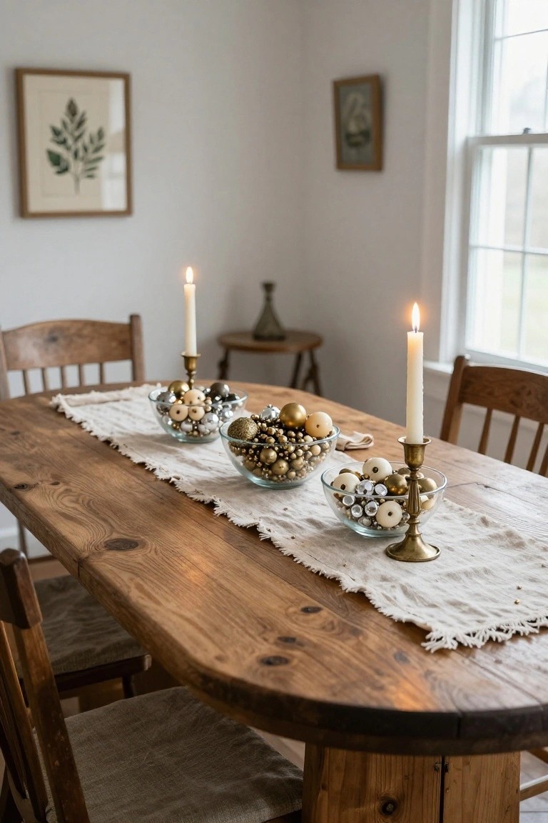 Wooden oval dining table in a white room with three glass bowls filled with gold, silver, and white beaded Christmas ornaments arranged along a fringed linen runner, flanked by lit brass candlesticks and wooden chairs.