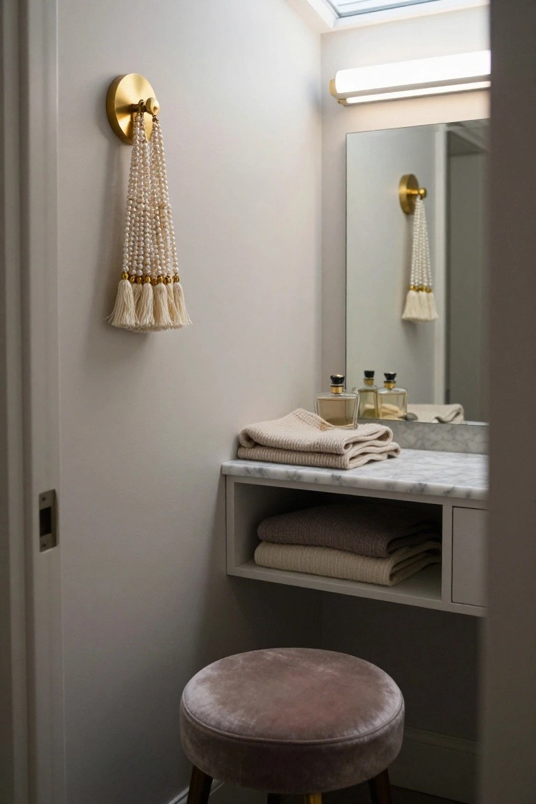 Small beige interior vanity area with wall-mounted marble countertop and drawer, large mirror, gold sconces with dangling pearl beads and tassels, perfume bottles, folded towels, and purple velvet stool.
