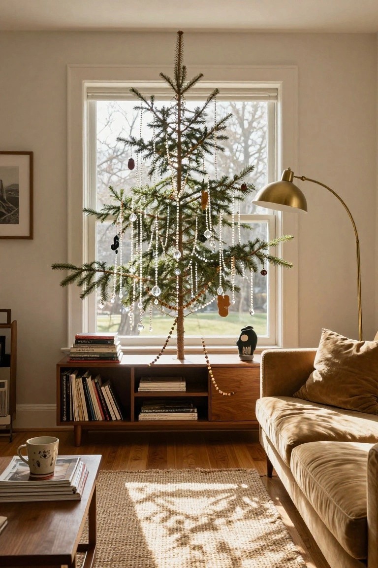 A small Christmas tree decorated with beaded strands and glass ornaments stands in front of a large window in a living room with wooden bookshelves, a beige sofa, coffee table, and floor lamp.