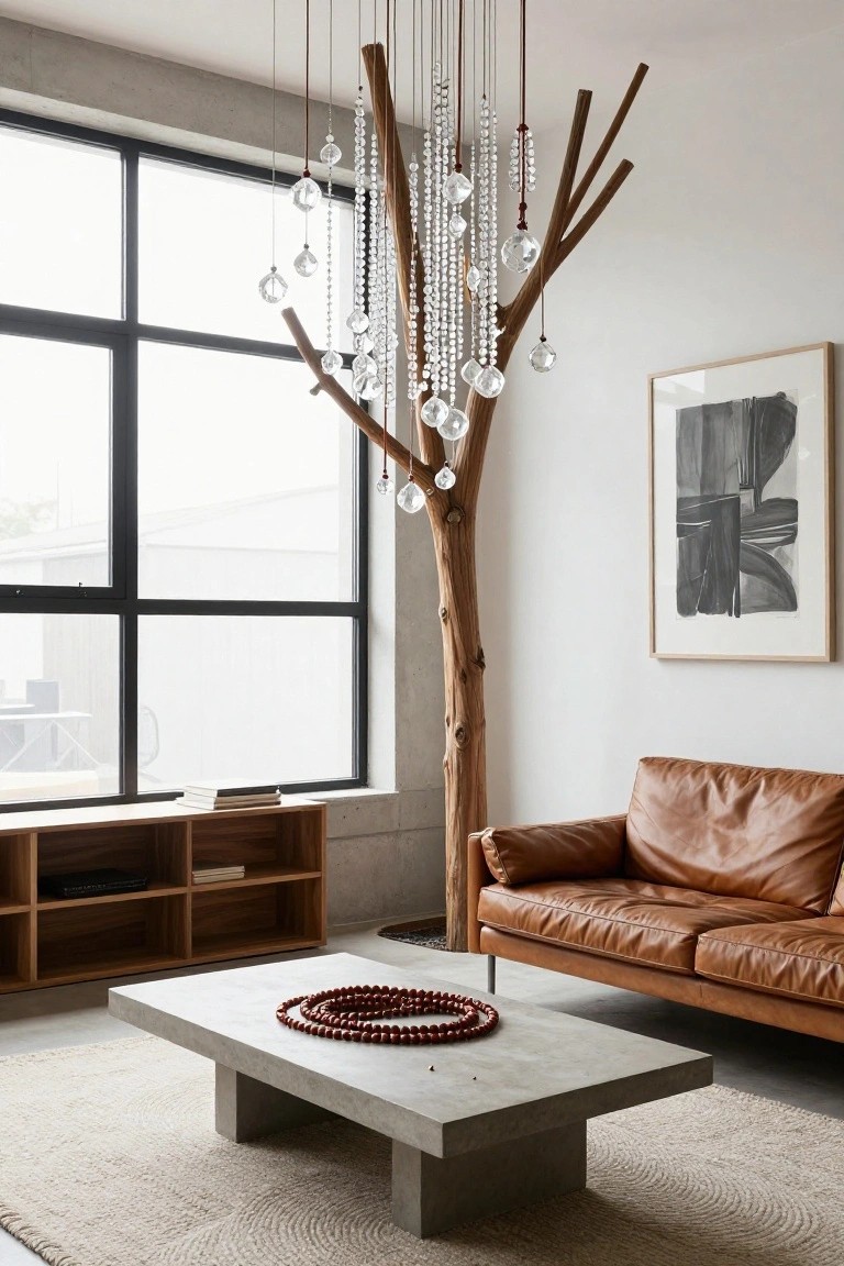 Modern living room interior with a tall wooden branch chandelier featuring hanging crystal beads and beaded strands, tan leather sofa, concrete coffee table with red beaded necklace, wooden bookshelf, and large windows.