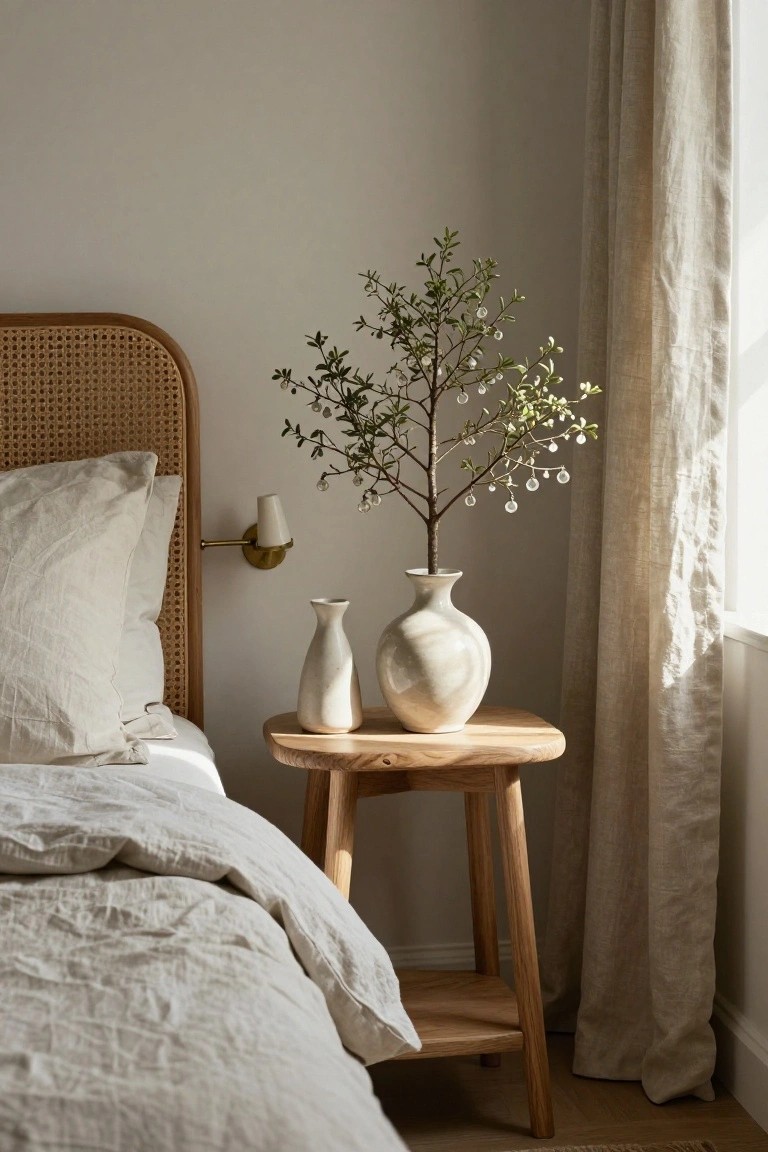 Bedroom bedside table with wooden legs holding a large white vase of branches with dangling beaded ornaments and a smaller white vase, rattan headboard bed with white linens and pillows, wall sconce, sheer curtains, in soft natural light.