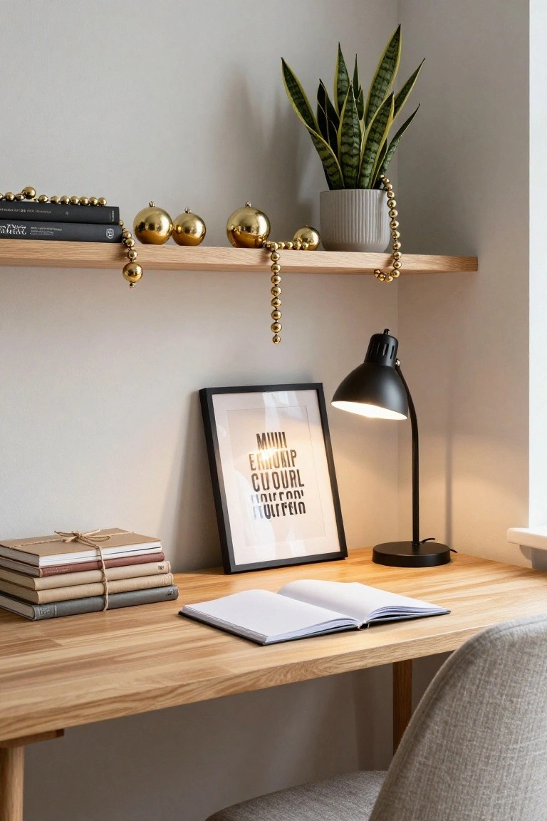 Home office corner setup with oak desk holding open notebook and tied books, black adjustable desk lamp lit up, black frame with white text poster, wooden shelf above with stacked books, potted snake plant, and draped gold beaded garland with shiny gold balls.
