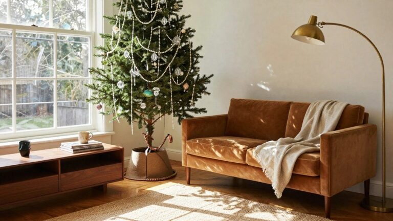 A small Christmas tree decorated with beaded strands and glass ornaments stands in front of a large window in a living room with wooden bookshelves, a beige sofa, coffee table, and floor lamp.
