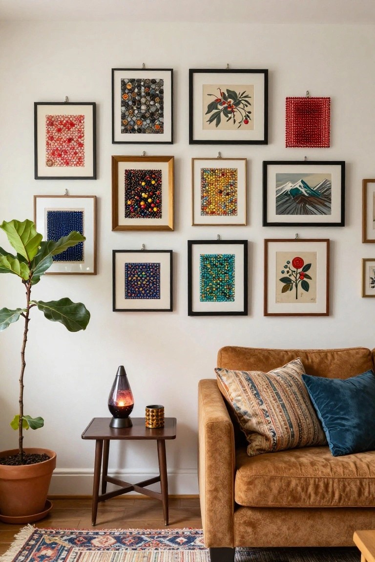 White living room wall with nine framed colorful beaded mosaic artworks in a loose grid, fiddle leaf fig plant nearby, wood side table holding purple lava lamp and candle, tan sofa with patterned pillows, and patterned rug on wood floor.