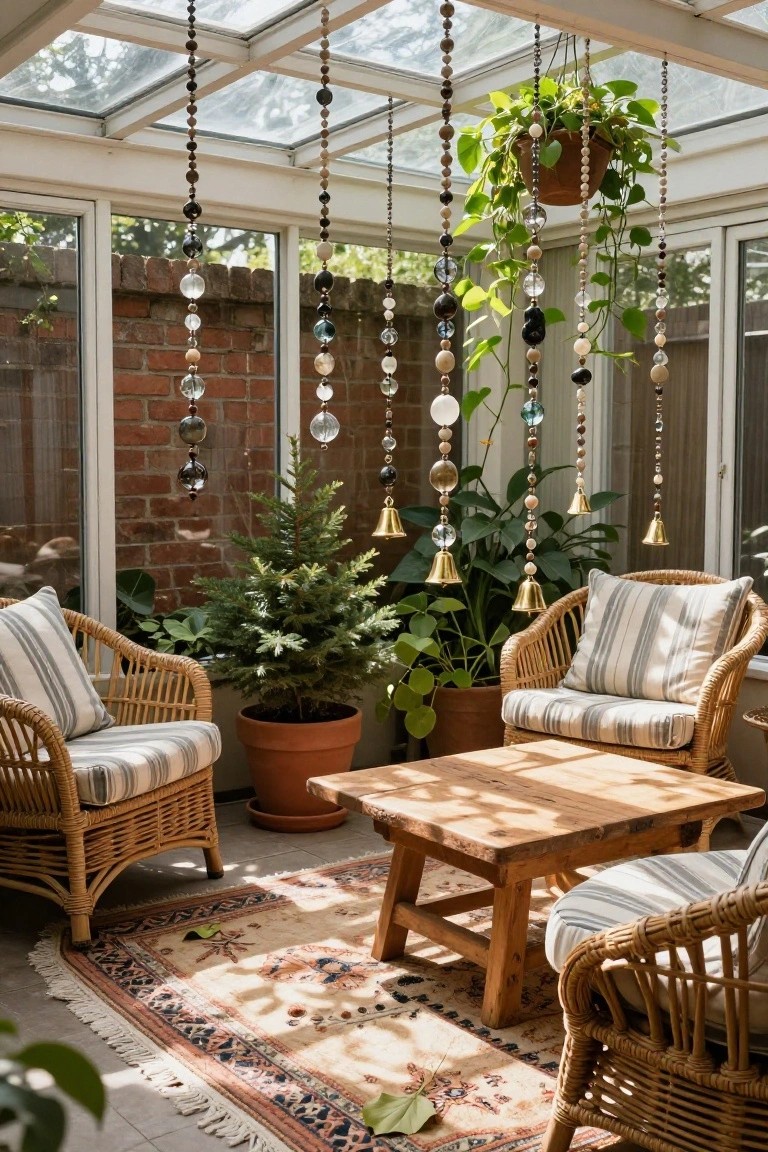 Sunroom with glass ceiling and walls showing multiple hanging strands of wooden and glass beads along with bells above two rattan chairs with striped cushions, potted plants, and a low wooden table on a patterned rug.