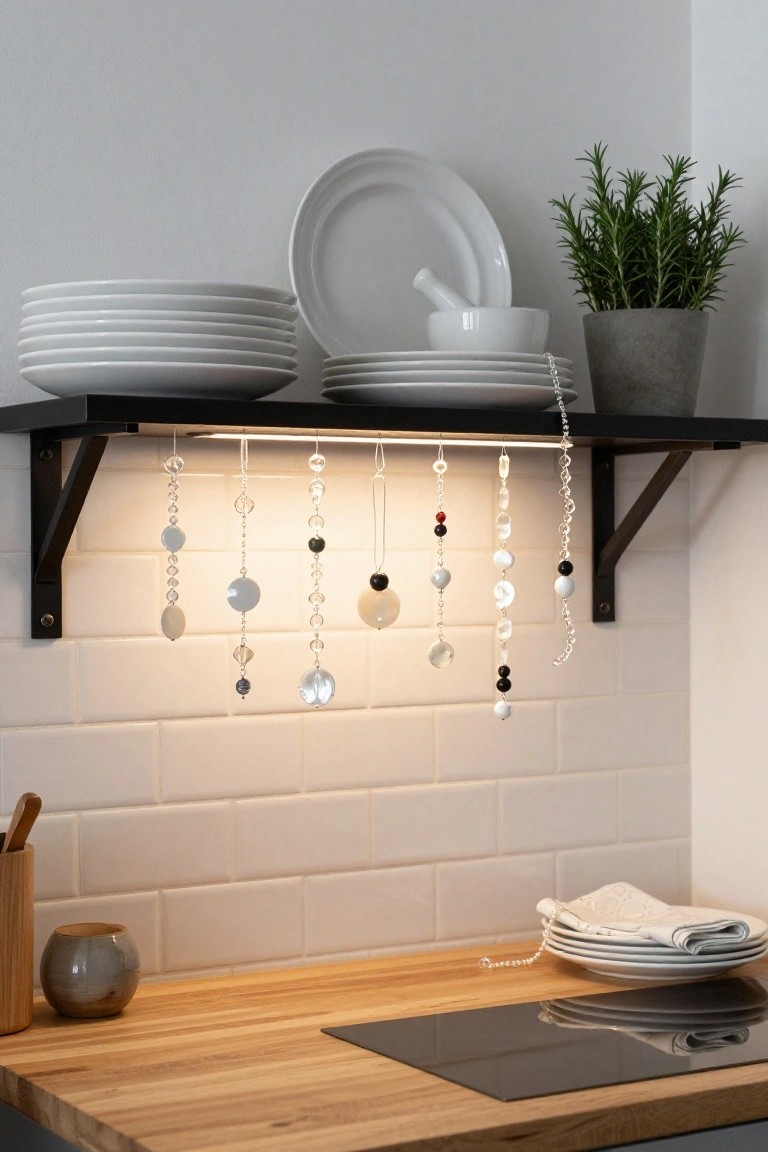 Light-Catching Beads Under Kitchen Shelves