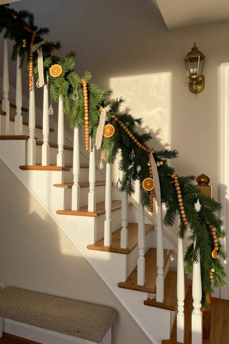 Sunlit wooden staircase with white balusters and oak treads, decorated with green pine garland interwoven with wooden bead strands, dried orange slices, ribbons, and hanging glass ornaments.