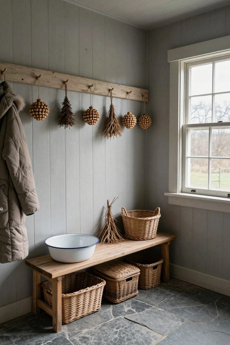 Gray shiplap-walled mudroom corner featuring a wooden peg rail with hanging coat, wooden bead ball ornaments, dried grasses and pine, wooden bench holding baskets and white enamel basin, next to a window overlooking a field.