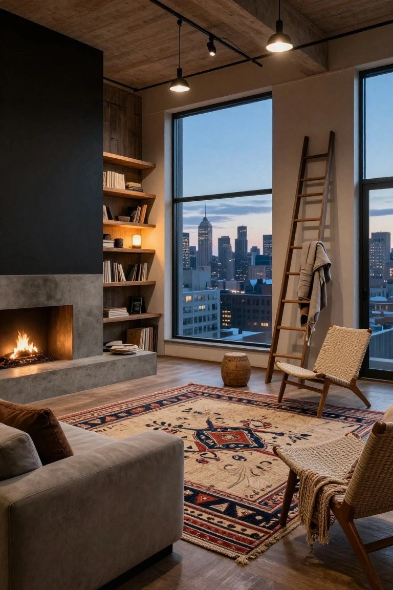 Contemporary loft living room with matte black accent wall, concrete fireplace, floating wood shelves, light gray sofa, rattan chairs on patterned rug, wood ladder, and large windows showing city skyline at dusk.