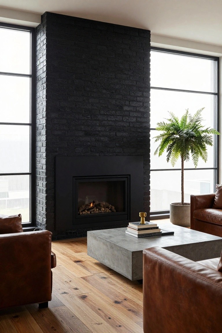 Modern living room with black brick fireplace and brown leather chairs.