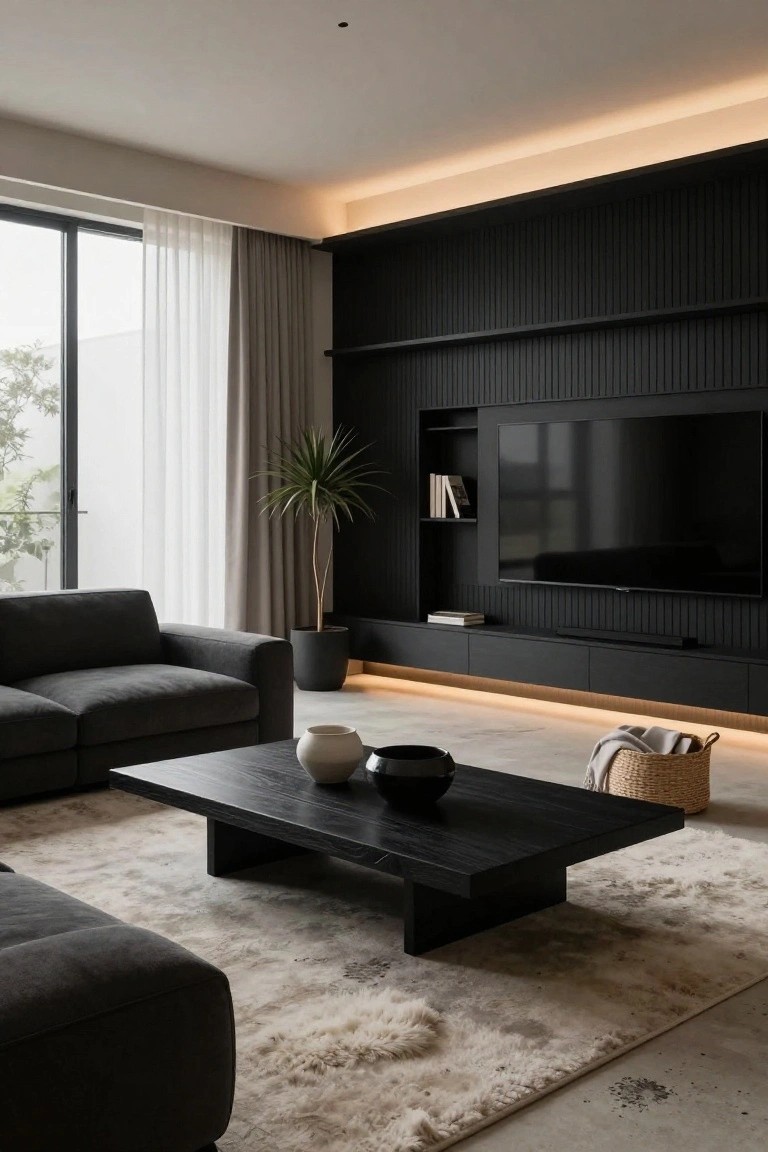 Modern living room featuring a black ribbed wall with built-in TV, open shelves, cabinets, and underlighting, gray L-shaped sofa, black coffee table, beige rug, potted palm, woven basket, and large windows with sheer curtains.