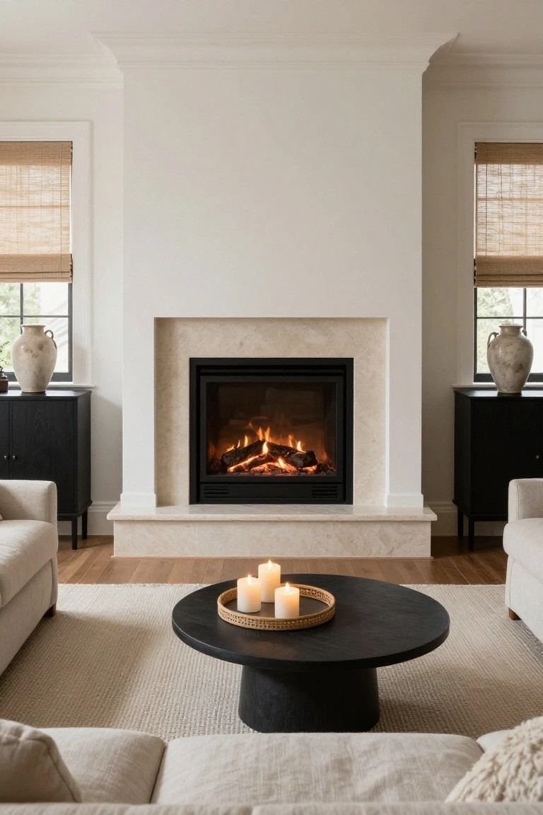 A living room with a central marble fireplace flanked by matching black cabinets, neutral upholstered sofas, a black round coffee table with candles, beige rug, and bamboo shades on the windows.