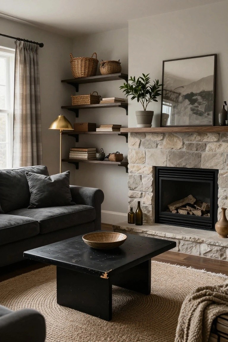 Living room with dark gray sofa, low black rectangular coffee table topped with woven bowl, beige seagrass rug, stone fireplace with gas logs, floating shelves holding wicker baskets and books, gold floor lamp, and potted plant.