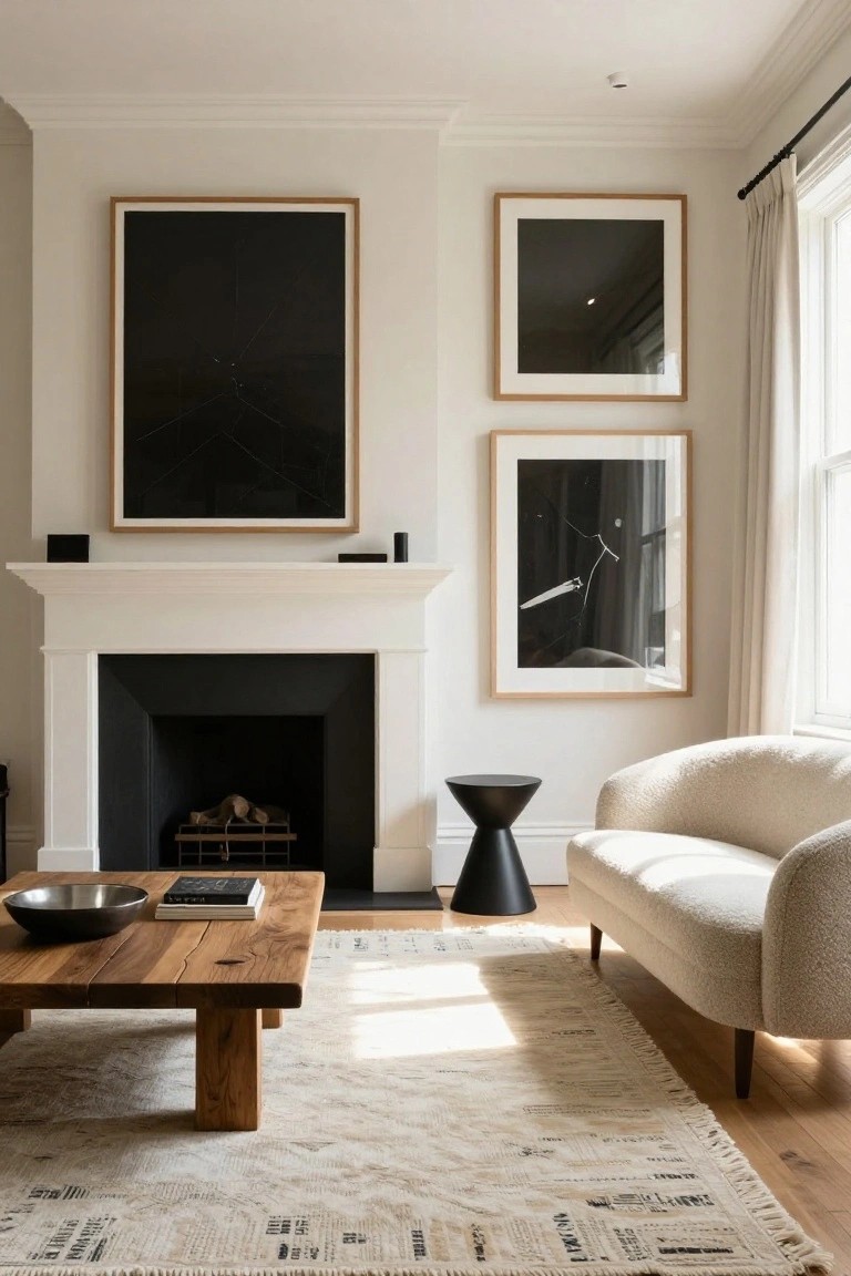 Living room with white mantel fireplace featuring black interior and logs, large black-framed abstract photos on white walls, cream curved sofa, black side table, wooden coffee table with books and bowl, beige rug on wood floors, near tall windows with cream drapes.