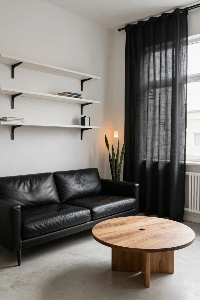 Minimalist living room with black leather two-seater sofa, round wooden coffee table with cross legs, white floating shelves on white walls holding books and objects, tall snake plant, pendant light, and sheer black curtains over window next to radiator.