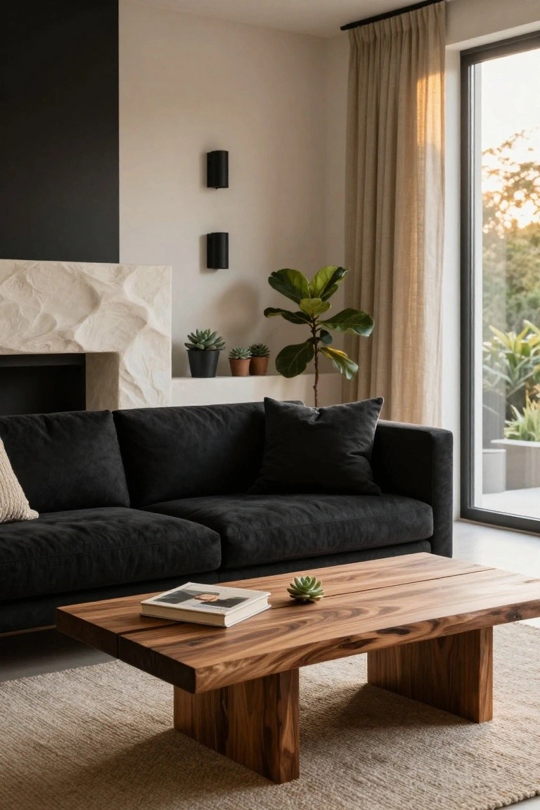 Modern living room with black sofa, wooden coffee table, and potted plants.