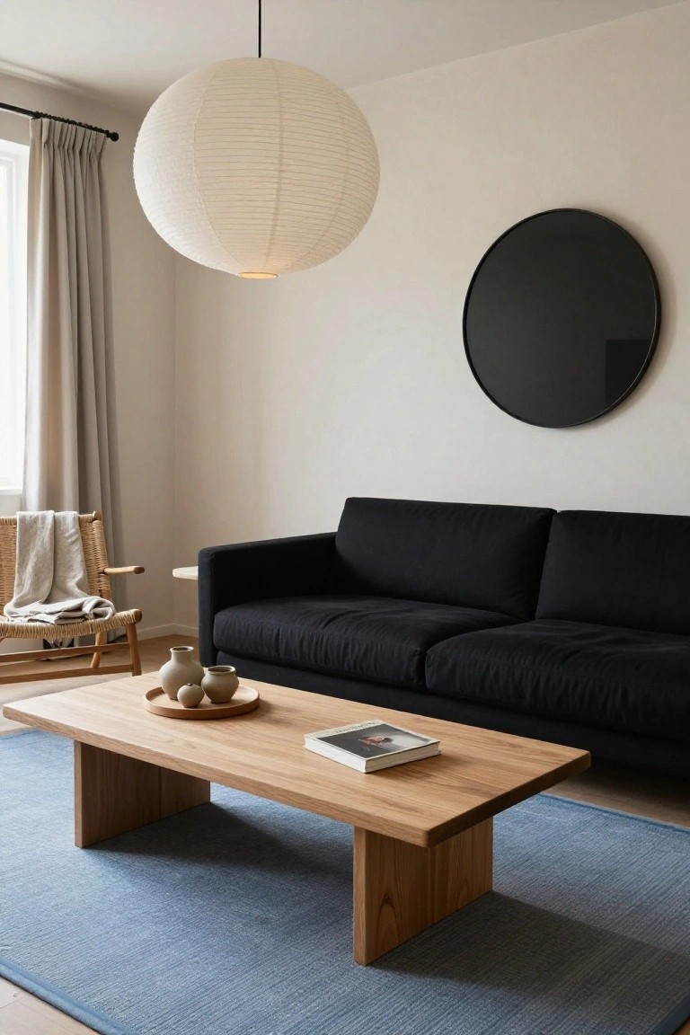 A living room with black L-shaped sofa, low oak coffee table holding book and ceramic vases, rattan armchair with gray blanket, large white paper lantern pendant light, round black mirror on beige wall, beige curtains at window, and blue rug on light wood floor.