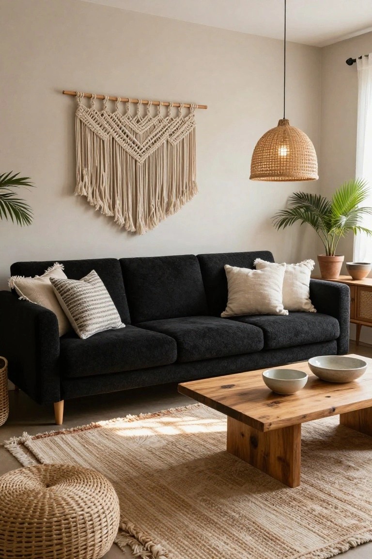 A cozy living room with a black three-seater sofa, neutral pillows, wooden coffee table with white bowls, beige seagrass rug, rattan pouf, potted plants, macrame wall hanging, and rattan pendant light against light walls.