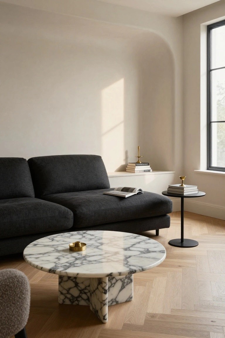 A living room corner with a black L-shaped sofa, round white marble coffee table with gray veining and black base, black metal side table holding stacked books, beige walls, arched niche with candles and books, large black-framed window, and light wood herringbone floor.
