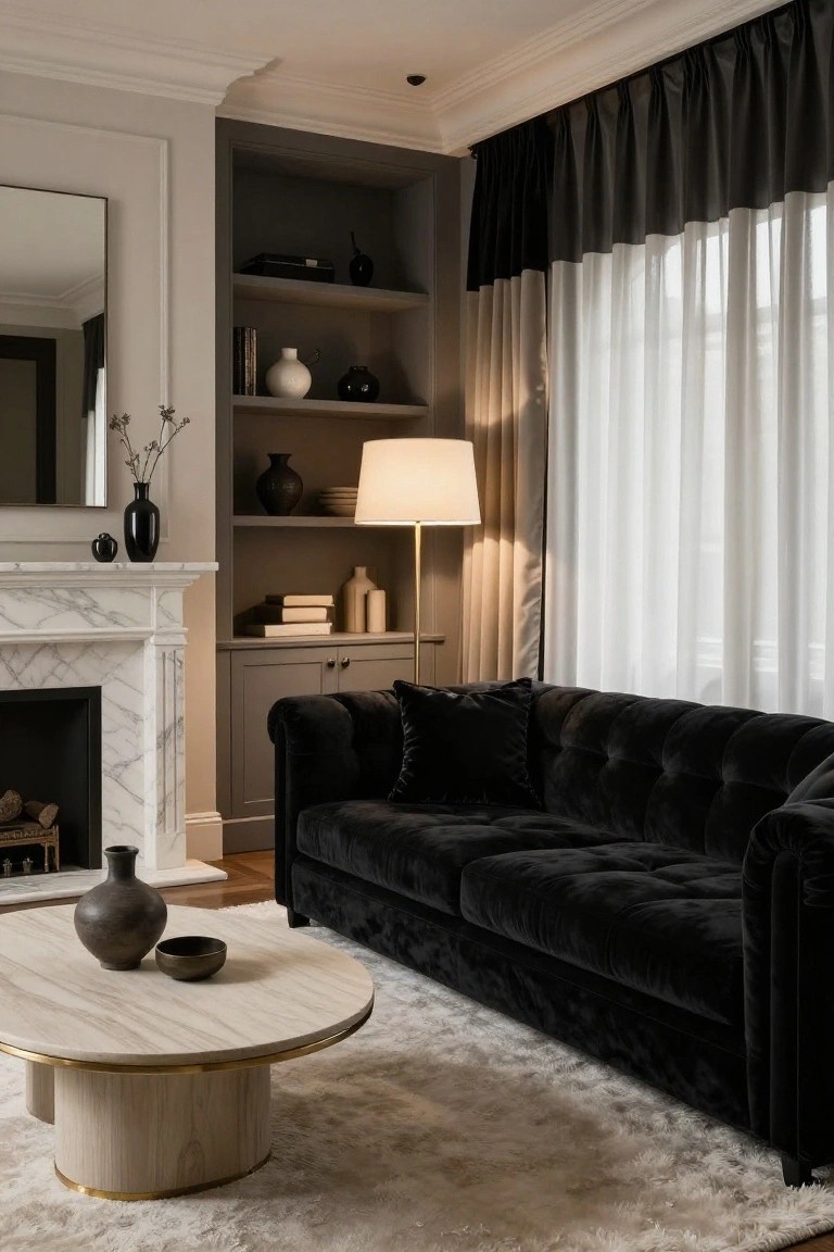 A living room with a black tufted velvet sofa, white marble fireplace, gray built-in shelving, round wood coffee table, and large windows draped in black and white curtains.