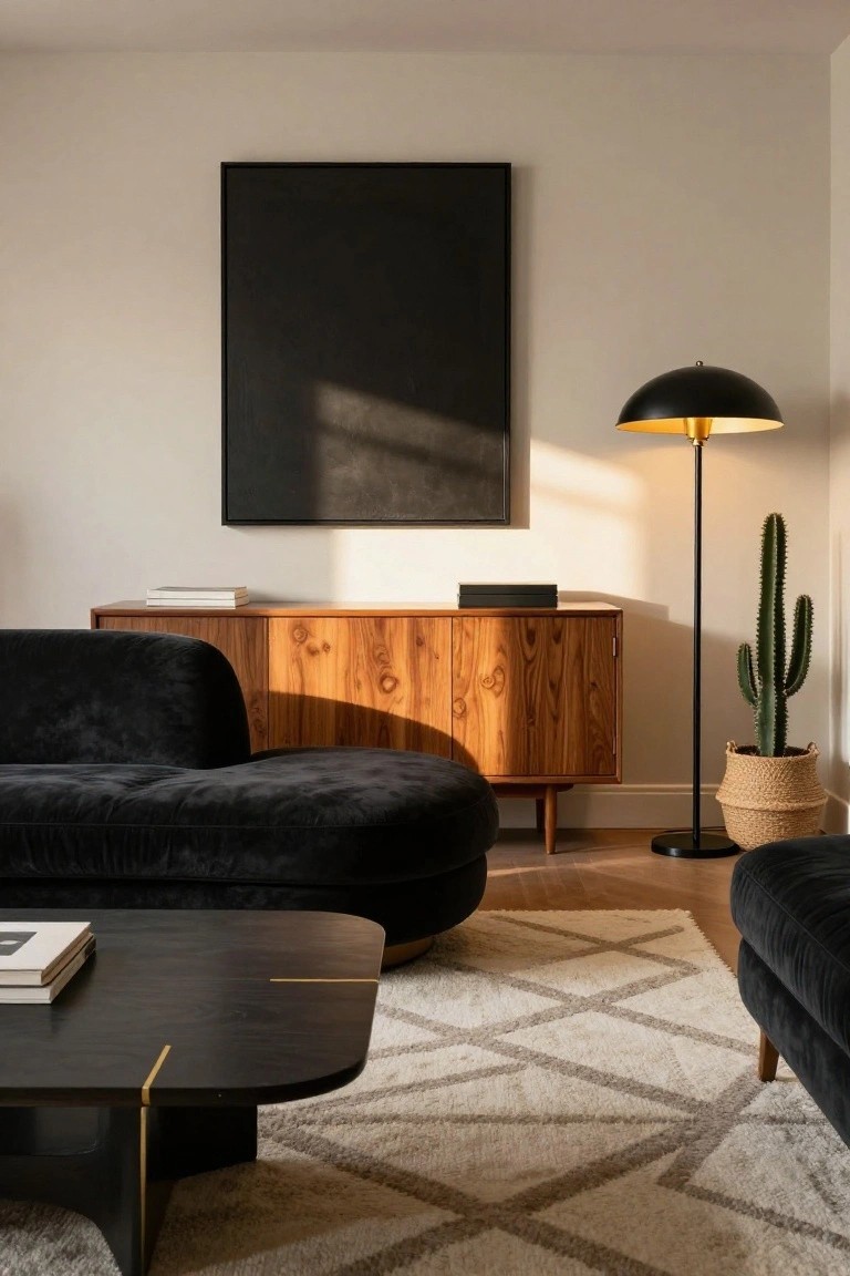 A living room with curved black velvet sofa, black wood coffee table with gold accents, walnut credenza, black floor lamp, tall potted cactus, books on surfaces, black wall art, and neutral woven rug on wood floor.