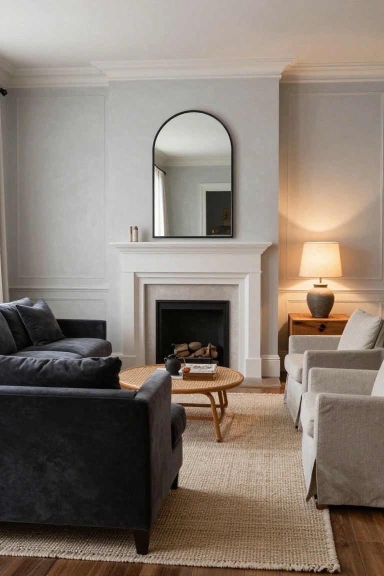 Living room with two dark gray velvet sofas around a round rattan coffee table on a seagrass rug, white fireplace mantel, arched black mirror above, pale gray walls, beige slipcovered armchairs, and wood side table with lamp.