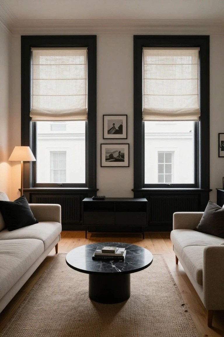 Living room with two light beige sofas facing a black marble pedestal coffee table on a seagrass rug, black-framed double-hung windows with linen roman shades, black radiators below windows, and framed black-and-white photos on white walls.