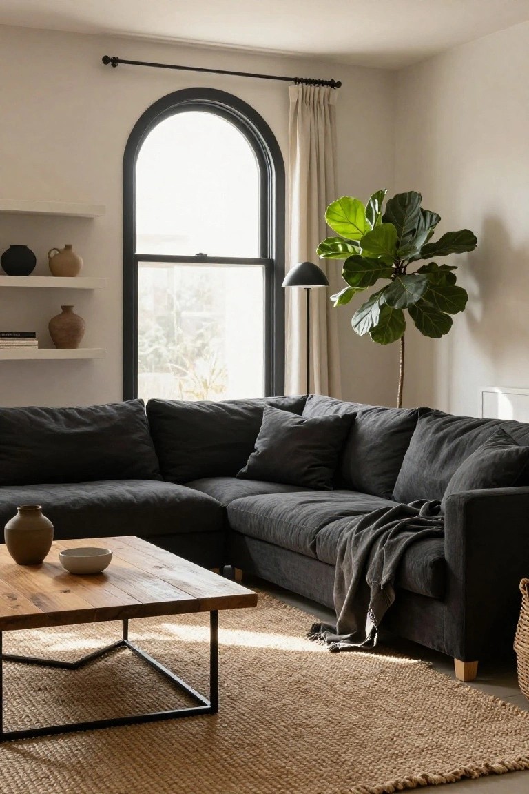 Living room corner with dark gray L-shaped fabric sofa, low wooden coffee table holding a vase and bowl, tall ficus plant, black floor lamp, arched window with cream curtains, white walls, and seagrass rug.
