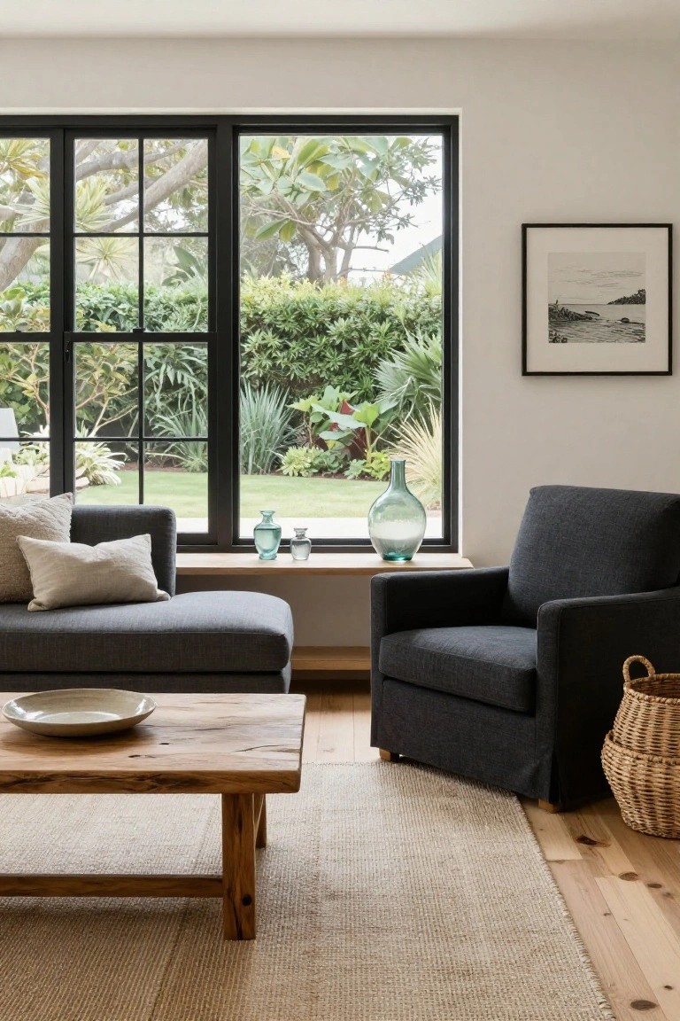 A living room featuring a dark gray L-shaped sofa with cream pillows, a matching armchair, a rustic wooden coffee table with a white plate, neutral seagrass rug, green glass vases on the windowsill, and large black-framed windows overlooking lush greenery and lawn.