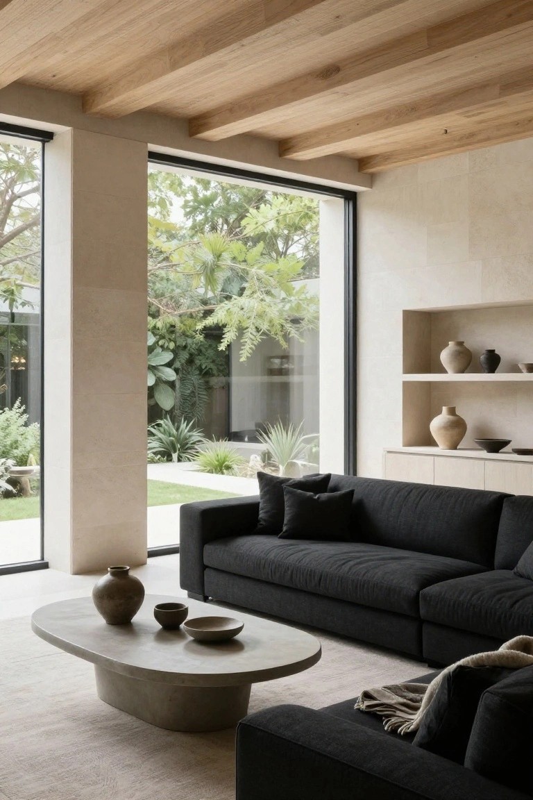 Modern living room with black sofa, concrete coffee table, and beige stone walls.