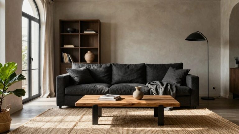 20 Black And Neutral Living Room Decor Ideas Living room corner with dark gray L-shaped fabric sofa, low wooden coffee table holding a vase and bowl, tall ficus plant, black floor lamp, arched window with cream curtains, white walls, and seagrass rug.