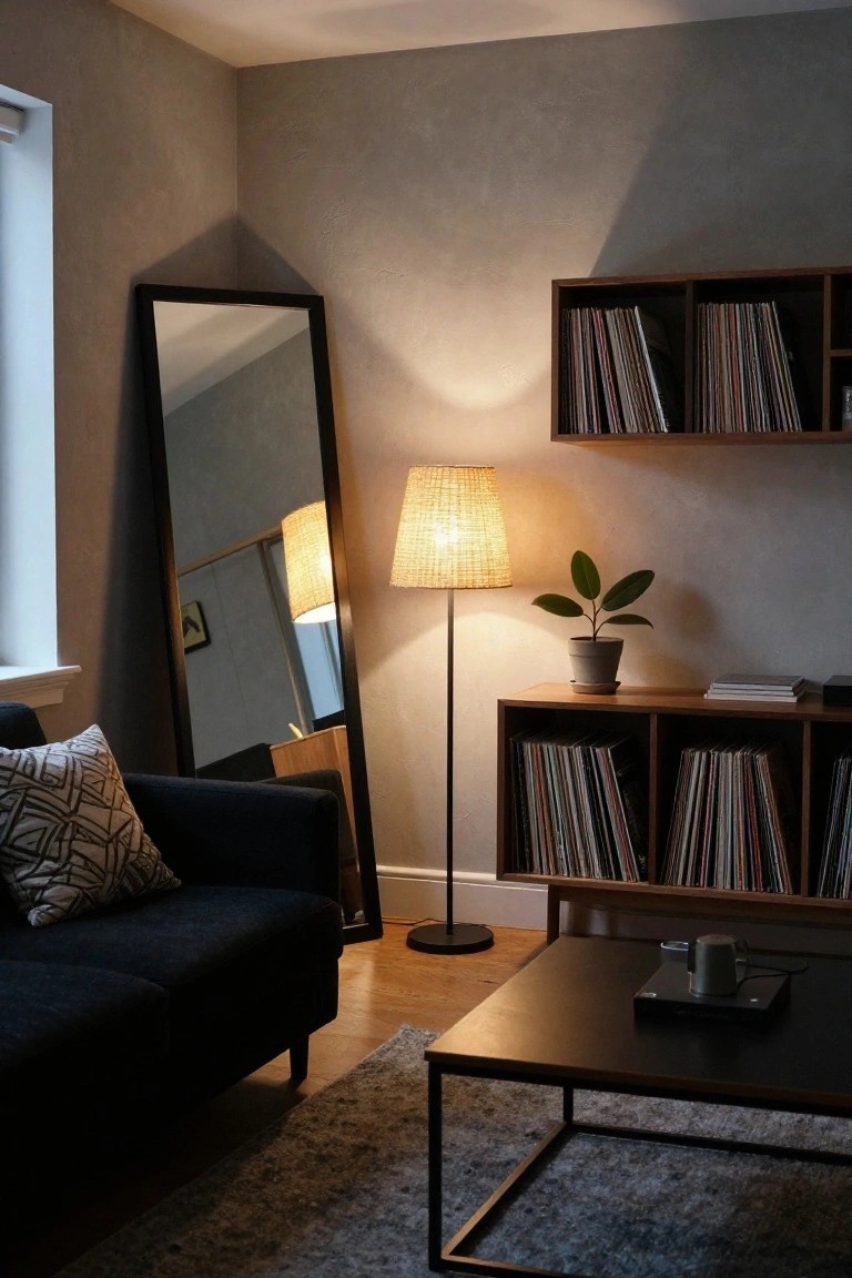 A living room corner featuring a black sofa, tall black-framed floor mirror, rattan floor lamp, potted plant, wood shelves filled with vinyl records, and black metal coffee table on a light gray rug.