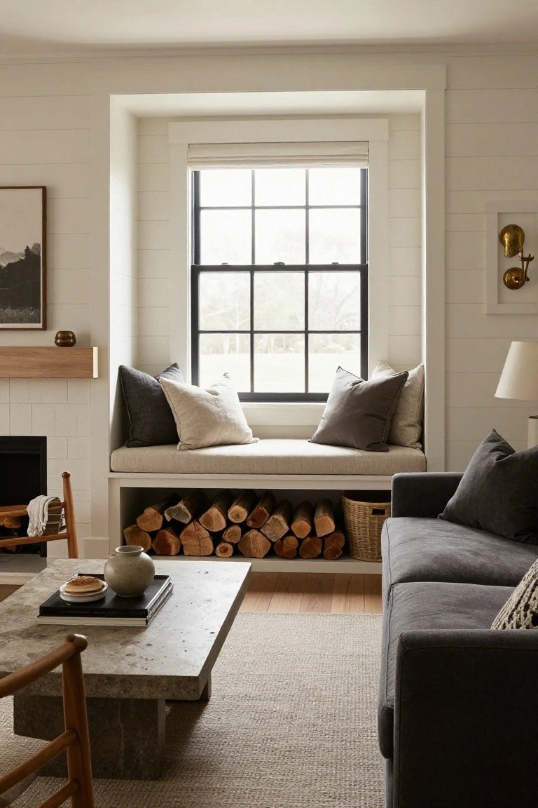 Cozy living room with window seat, stacked firewood, gray sofa, and stone coffee table.
