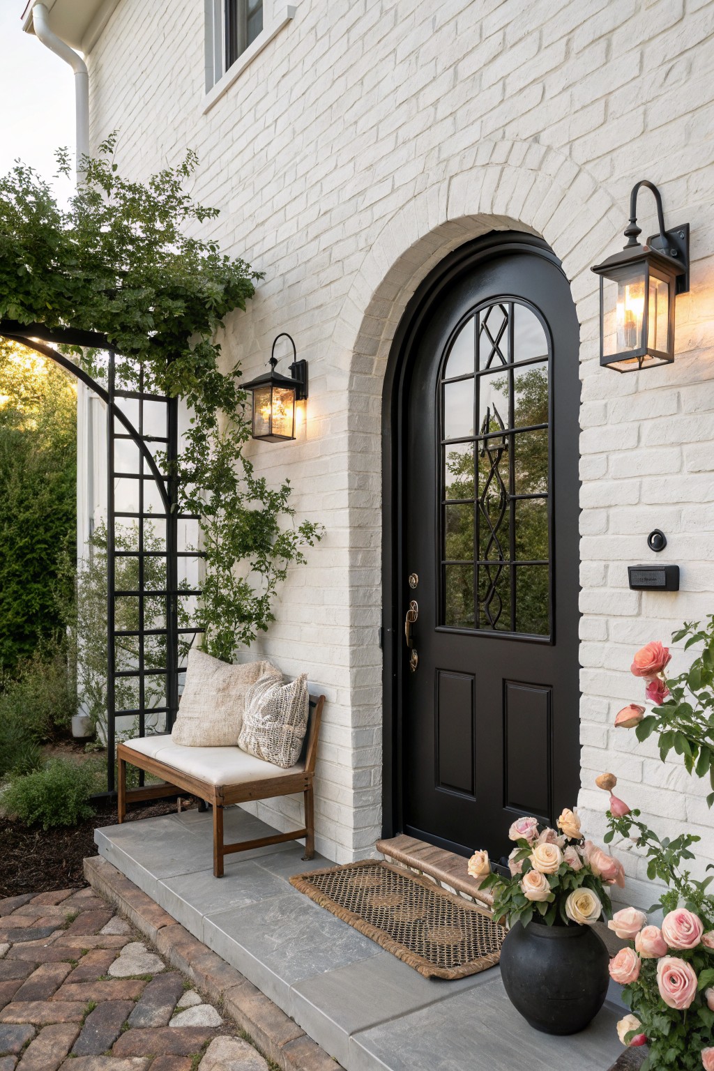 White brick house exterior with black arched front door featuring grid glass panels, flanked by black lanterns, wooden bench with cushions, potted pink roses, and seagrass door mat on a concrete stoop with brick pavers.