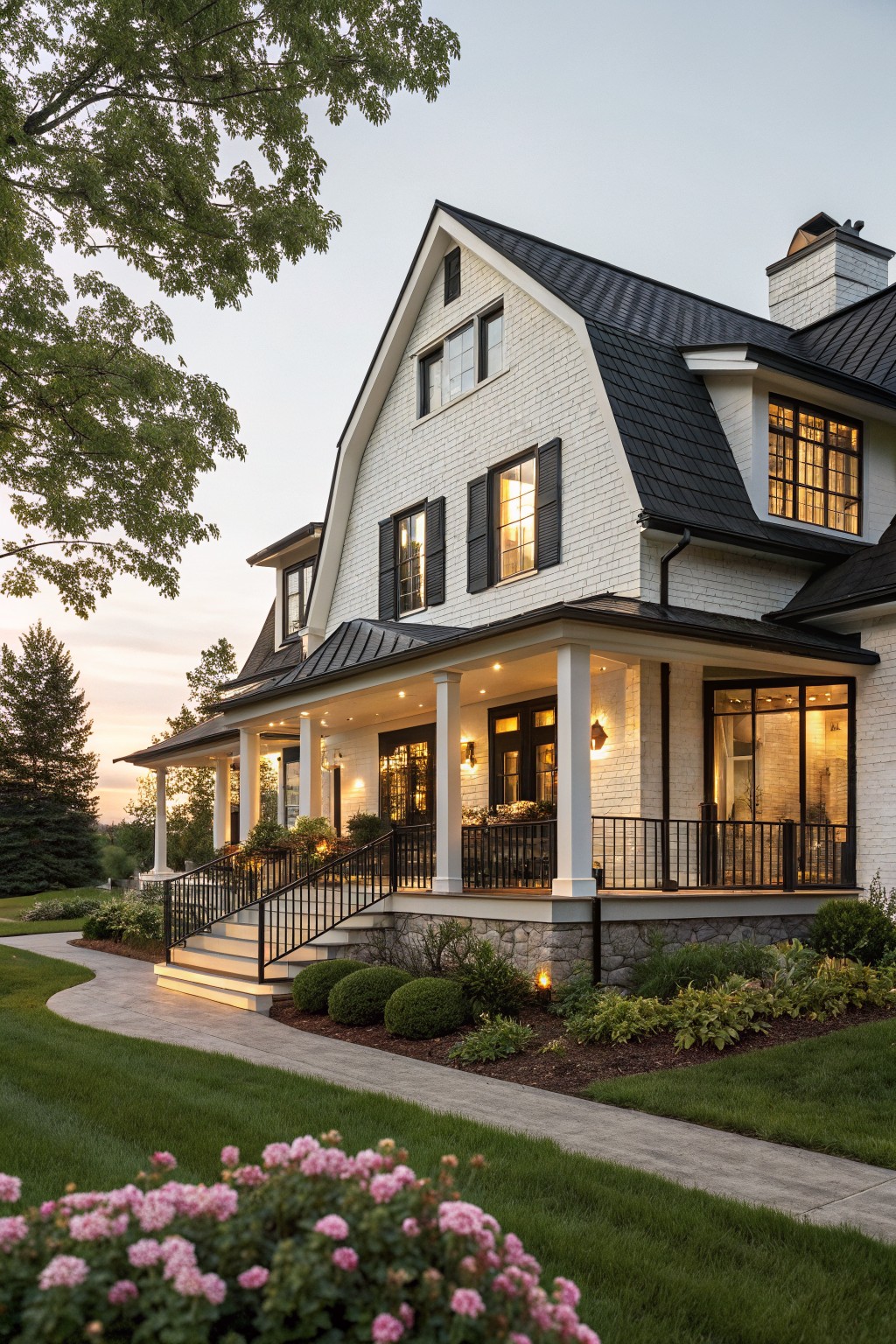 Two-story white brick farmhouse exterior with black standing-seam metal roof, black shutters and window frames, wraparound porch with white columns, stone foundation, steps to porch, landscaped yard with grass, shrubs, flowers, and pathway at dusk.