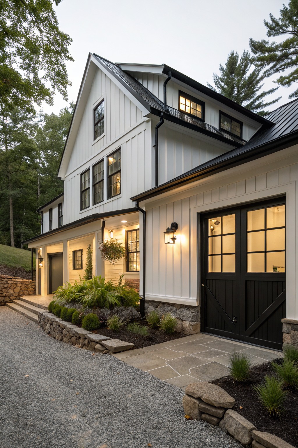 Two-story white board-and-batten modern farmhouse exterior with black metal roof, black-framed windows and doors, covered porch, black garage doors, stone retaining walls, plantings, gravel driveway, and surrounding trees at dusk.