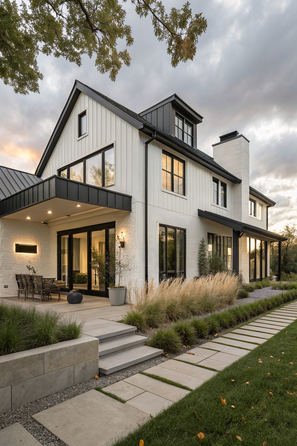 Two-story modern farmhouse exterior with white board-and-batten siding, black metal roof and trim, large black-framed windows, white brick chimney, covered porch with patio seating, and landscaping with ornamental grasses and stone path.