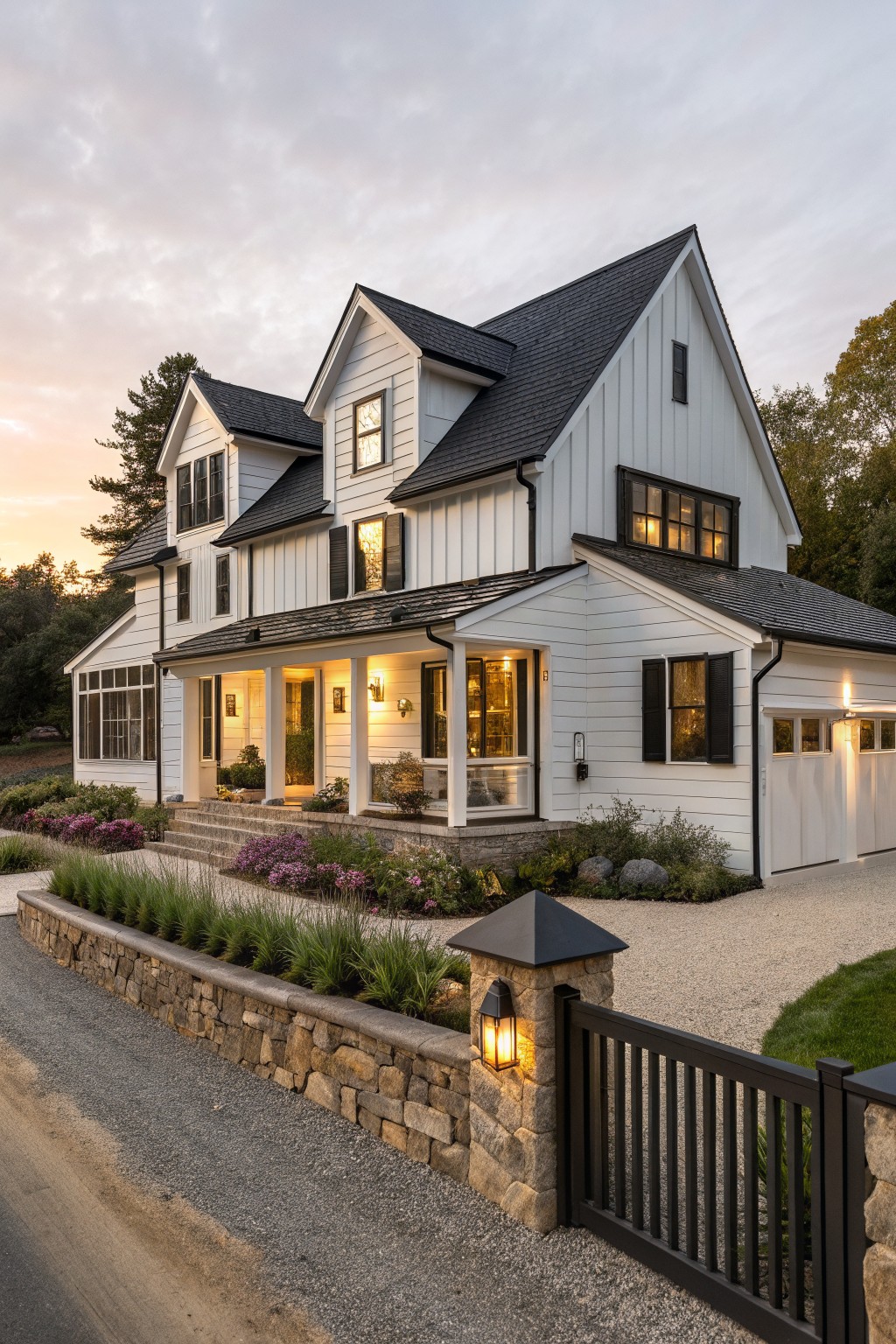 Two-story white board-and-batten farmhouse with black roof, trim, shutters, front porch, garage, stone entry wall, plants, black gate, and gravel driveway at dusk.