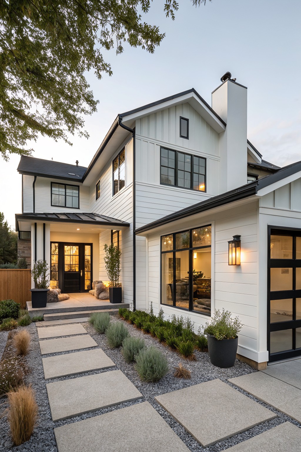 Two-story modern farmhouse exterior with white board-and-batten siding, black-framed windows, black metal roof awning over entry porch, glass garage door, and gravel pathway lined with grasses and potted plants.