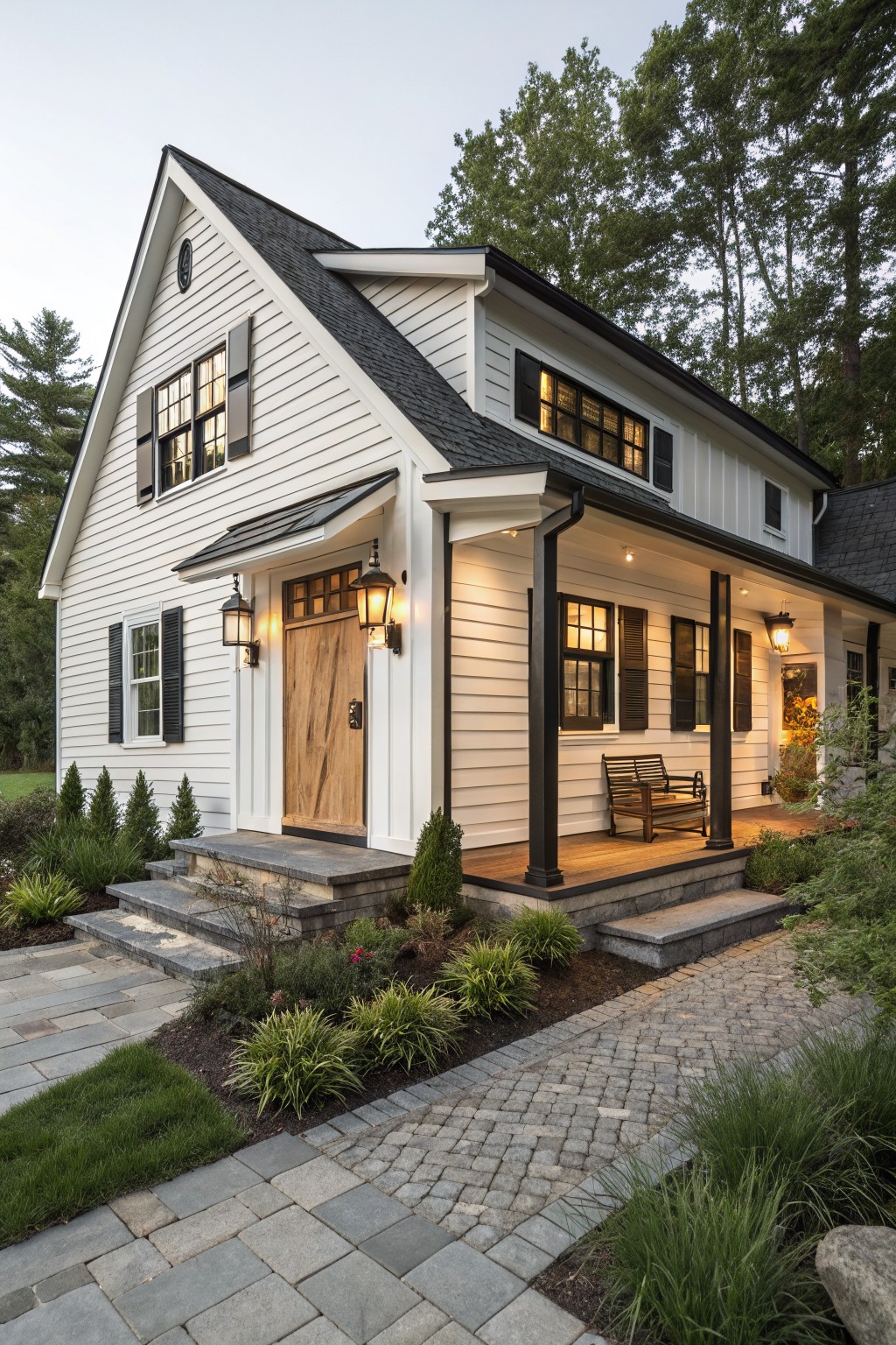 White clapboard modern farmhouse with black asphalt shingle roof, black shutters and square porch posts, wooden paneled entry door with lanterns, porch bench, stone steps, bluestone paver path, and low plantings with grasses and shrubs.