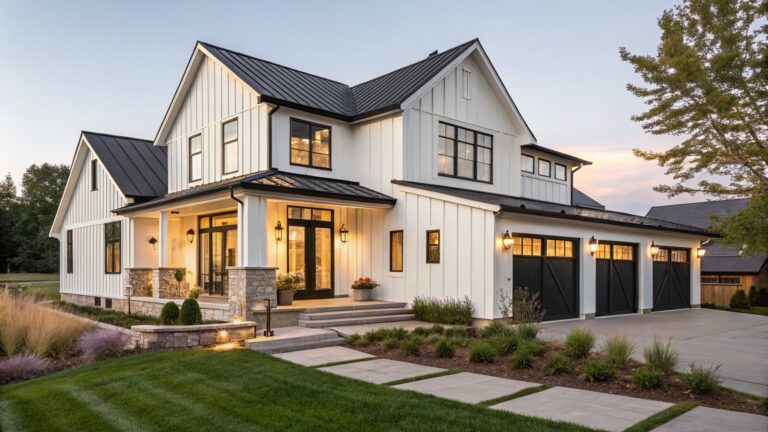 A two-story modern farmhouse house exterior featuring white board-and-batten siding, black standing-seam metal roof, black double front doors, covered porch with lanterns, garage, steps, and low landscaping at dusk.