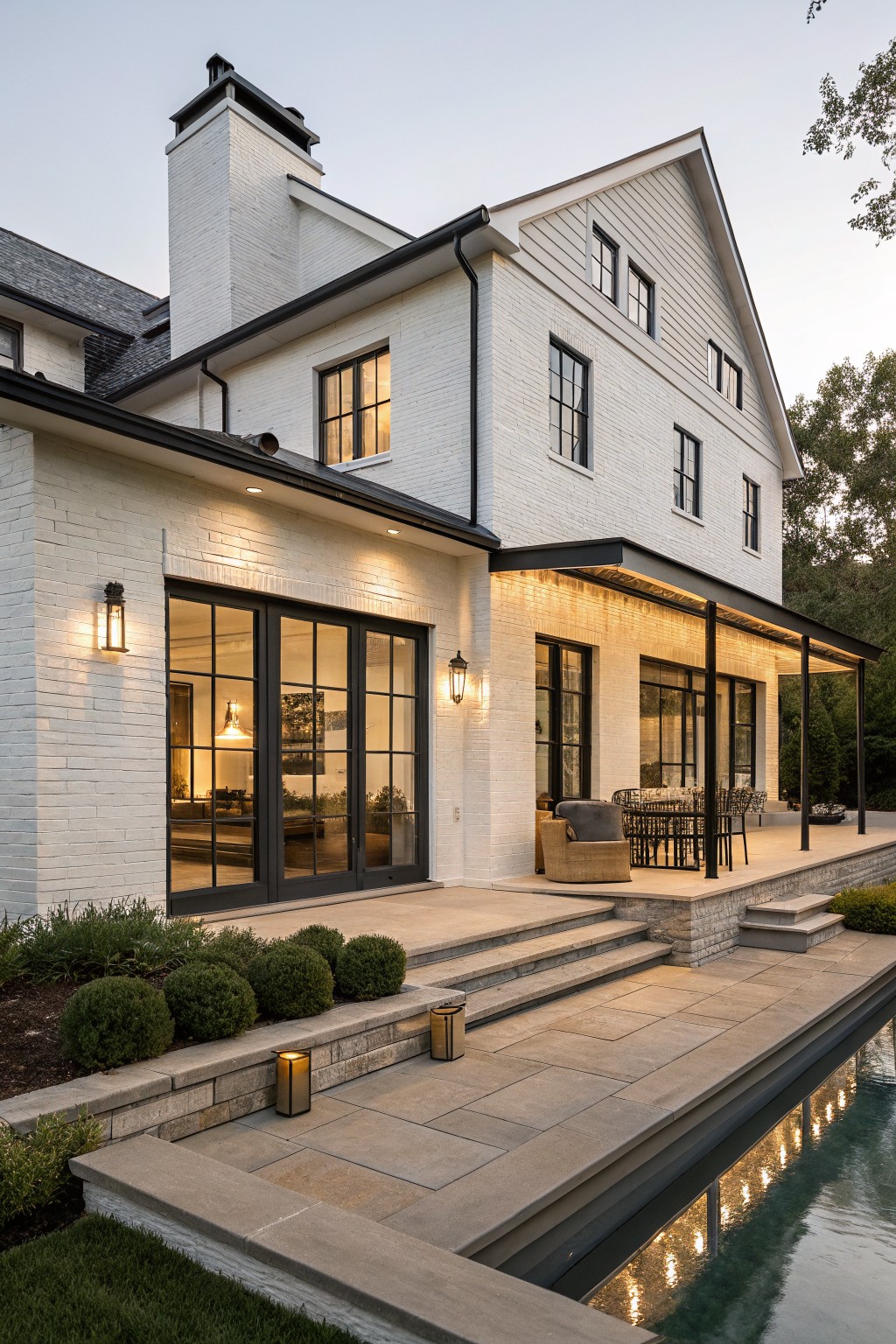 Side exterior view of a two-story white brick house with black metal-framed windows and sliding glass doors, a covered porch with lanterns and string lights, steps down to a stone pool deck, low shrubs, and a lit infinity-edge pool at dusk.