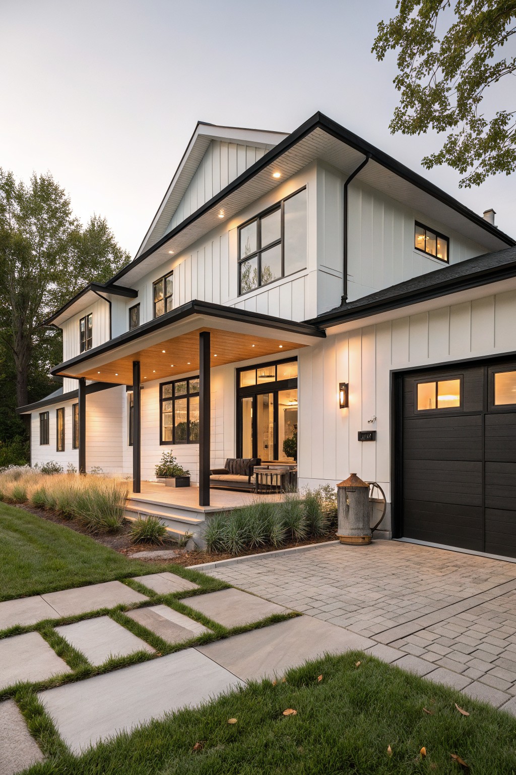 Modern white farmhouse with black trim, covered porch, and attached garage.