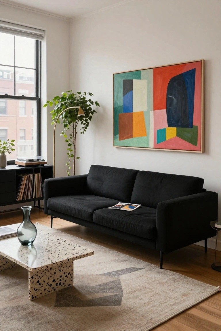 Modern living room with black two-seater sofa facing large framed abstract painting in green, red, blue, and yellow tones on white wall, terrazzo coffee table, tall potted plant on floor lamp base, black media console, and hardwood floors.
